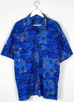 Винтажная гавайка с цветами синяя летняя рубашка