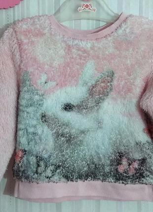 Розовая меховая толстовка h&m с кроликом р. 1,5-2 года