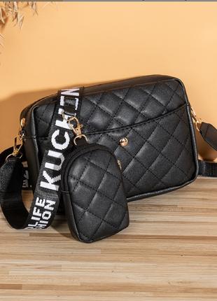 Современная женская черная сумка +кошелек через плечо из экоко...