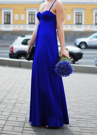 Платье вечернее шелковое выпускное ручная работа синее электрик