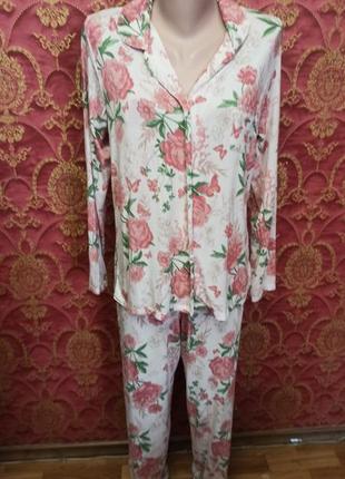 Розовая цветочная пижама трикотаж из нежной вискозы 12/14 размер