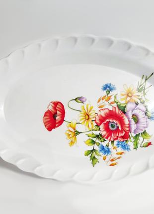Блюдо, тарелка овальная с принтом цветы, белая, 33 см