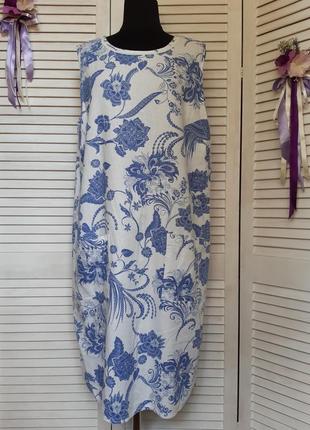 Платье в этно стиле из смесевого льна, лен в принт гжель m&co