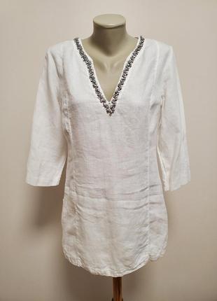 Шикарная брендовая льняная блузка декор камнями