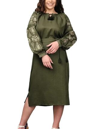 Платье женское Вышиванка с поясом лен хаки зеленое р.42 44 46 ...