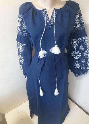 Сукня жіноча Вишиванка з поясом льон синя Для пари р. 46 48 54 56