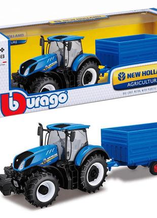 Синий трактор Bburago Farm New Holland с прицепом 18-44067