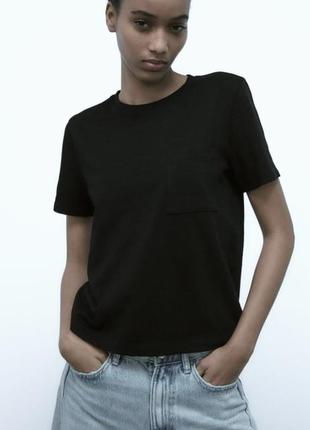 Zara базова бавовняна футболка з нагрудним карманом, майка, топ
