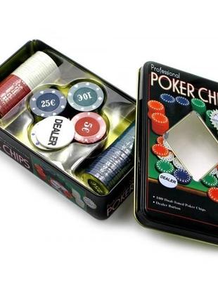 Фишки для покера с номиналом 100 фишек в металлической коробке...