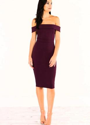 Фиолетовое платье с открытыми плечами миди по фигуре текстурное