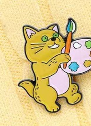 Брошь брошка значок пин кот кошка металл эмаль художник палитр...