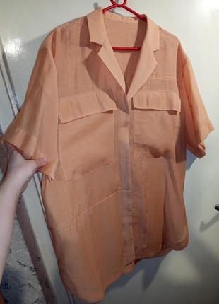 Стильная,оранжевая,удлинённая блузка-рубашка с накладными карм...