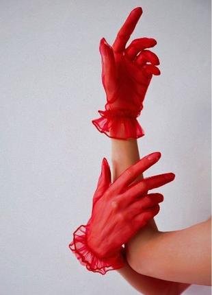 Гіпюрові червоні рукавички короткі, ажурні червоні рукавички