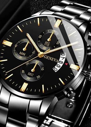 Модные мужские часы geneva  black из стали календарь дата квар...