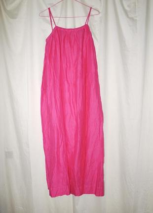 Ярко розовое платье из льна , макси. barbie. на бретельках