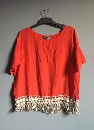 Ярко оранжевая блуза ( футболка ) вискоза , с бахромой