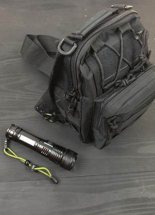 Набор: армейская черная сумка + фонарь тактический профессиона...