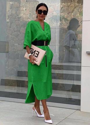 Платье с накладными карманами и поясом в комплекте зеленый
