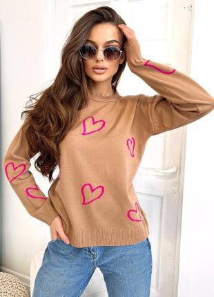 Легкий весняний светр із принтом «серце» бежевий