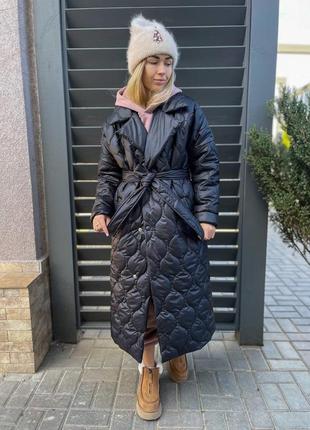 Зимнее пальто с поясом, черный