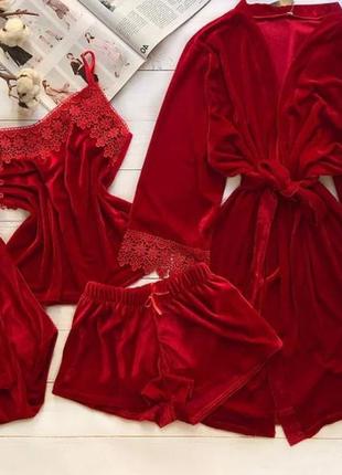 Домашний красный комплект 4ка халат майка шорты штаны супер ка...