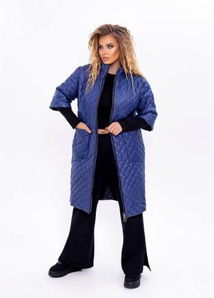 Женская куртка-пальто из плащевки синего цвета р.66 377512