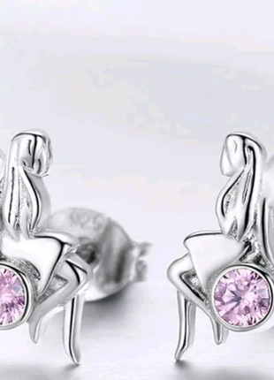 Серьги-гвоздики феи с розовым камнем из серебра 925 пробы