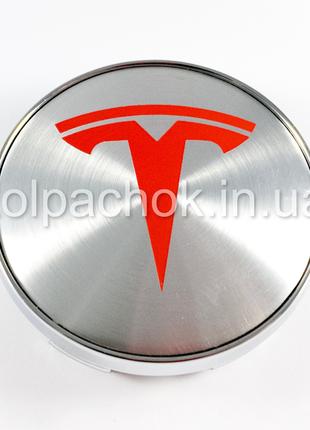 Колпачок на диски Tesla серебро/красный лого (60мм)
