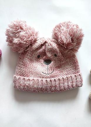 Детская розовая шапка шапочка мишка на ылисе флис вязаная