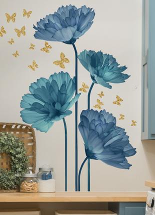 Наклейка на стену декоративная виниловая серо - голубая цветы ...