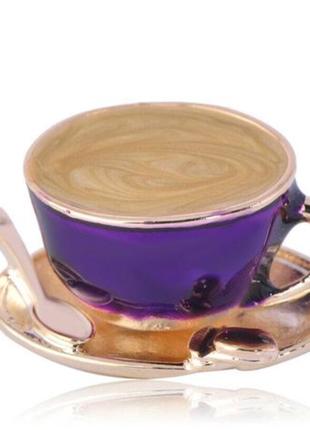 Брошь брошка значок металл чашка кофе обьемная 3D эмаль фиолет...