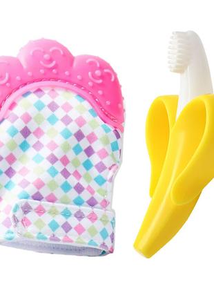 Детский силиконовый прорезыватель-перчатка для зубов Розовый и...