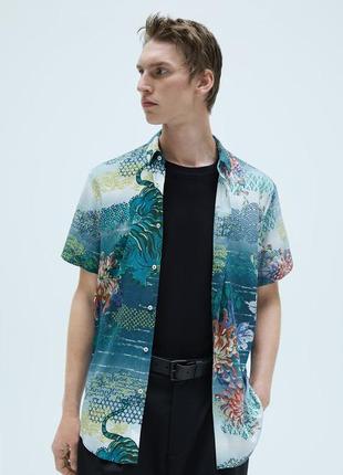 Zara сорочка чоловіча с контрастним квітковим принтом zara