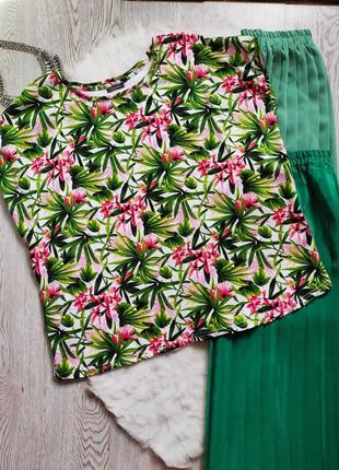 Натуральн разноцвет футболка блуза зеленая цветочным принтом р...