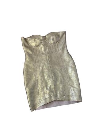 Платье мини бандажная золота металлик корсет, открытые плечи