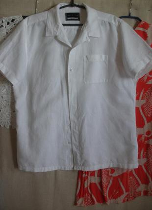 Льняная с хлопком свободная белая рубашка гавайка короткий рукав
