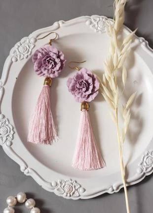 Длинные розовые серьги кисти ручной работы "пыльные розы"