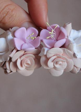 Розовые серьги ручной работы с цветами из полимерной глины "ро...