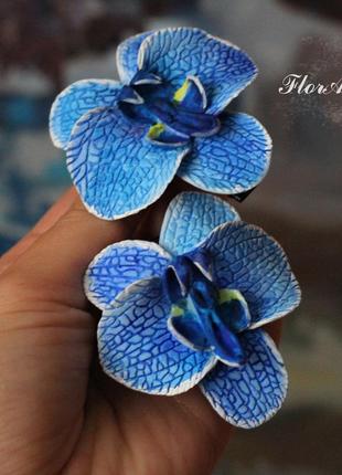 Синяя заколка цветок ручной работы "синяя орхидея с росписью" ...