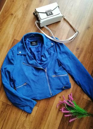 Синяя замшевая женская куртка-косуха