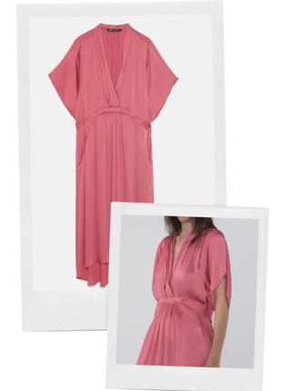 Эффектное сатиновое платье туника zara коралловый розовый миди...