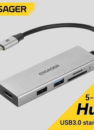 Хаб Essager 5в1 (Type-C to USB 3.0/4K HDMI/SD/TF Card) для MacBoo