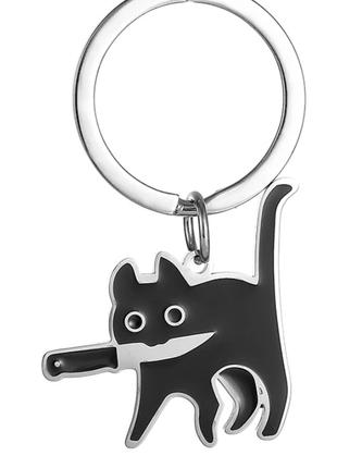 Брелок на ключи черный кот кошка нож ножик металл серебристый ...