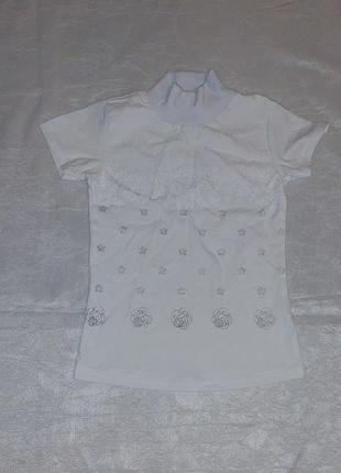 Белая школьная нарядная футболка на девочку 8-10 лет