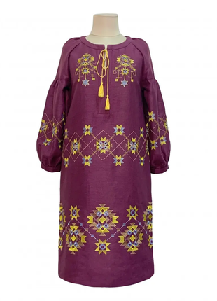 Платье энеида бордовое льняное с вышивкой галерея льна, 44-56рр.