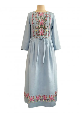 Сукня журавка блакитна з вишивкою льняна, галерея льону 42-56рр