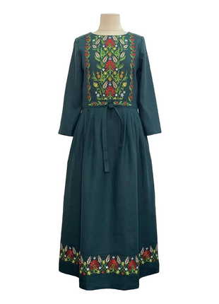 Сукня журавка зелена з вишивкою льняна, галерея льону 42-56рр