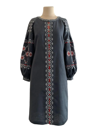 Платье вита темно-серое с вышивкой льняное, галерея льна, 40-52рр