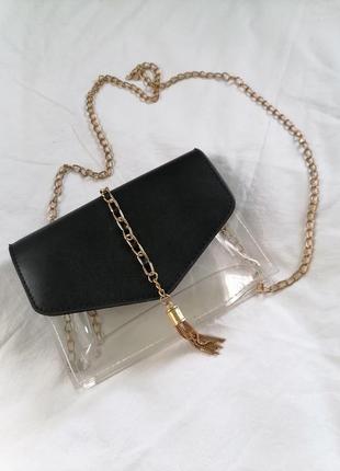 Женская маленькая прозрачная черная сумочка, клатч на цепочке