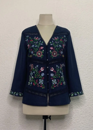 Блуза виолетая синяя с вышивкой, льняная, галерея льна, 48-60рр.